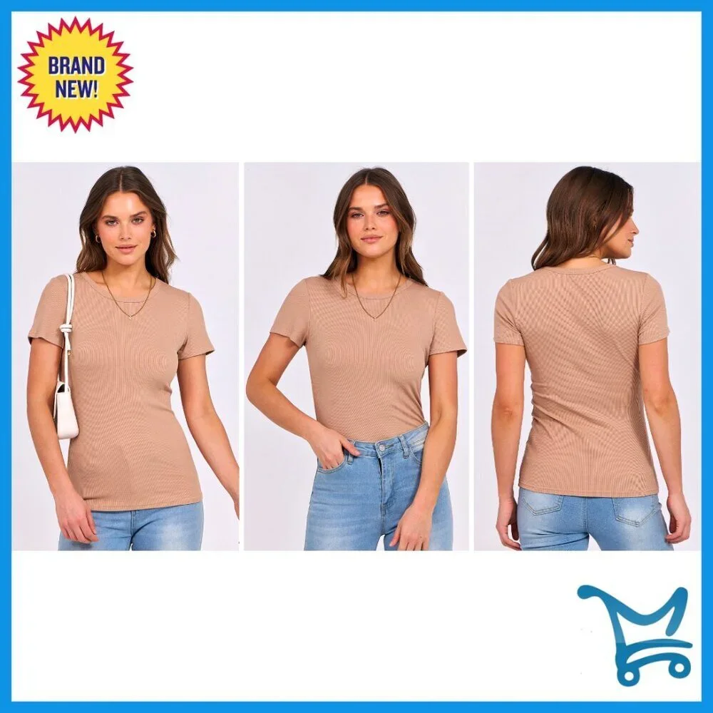 Short Sleeve Crewneck Ribbed Knit Slim Fitted Top Basic Tee Casual Summer